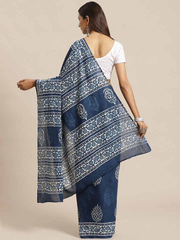 Blue Printed Cotton Saree - ShopLibas