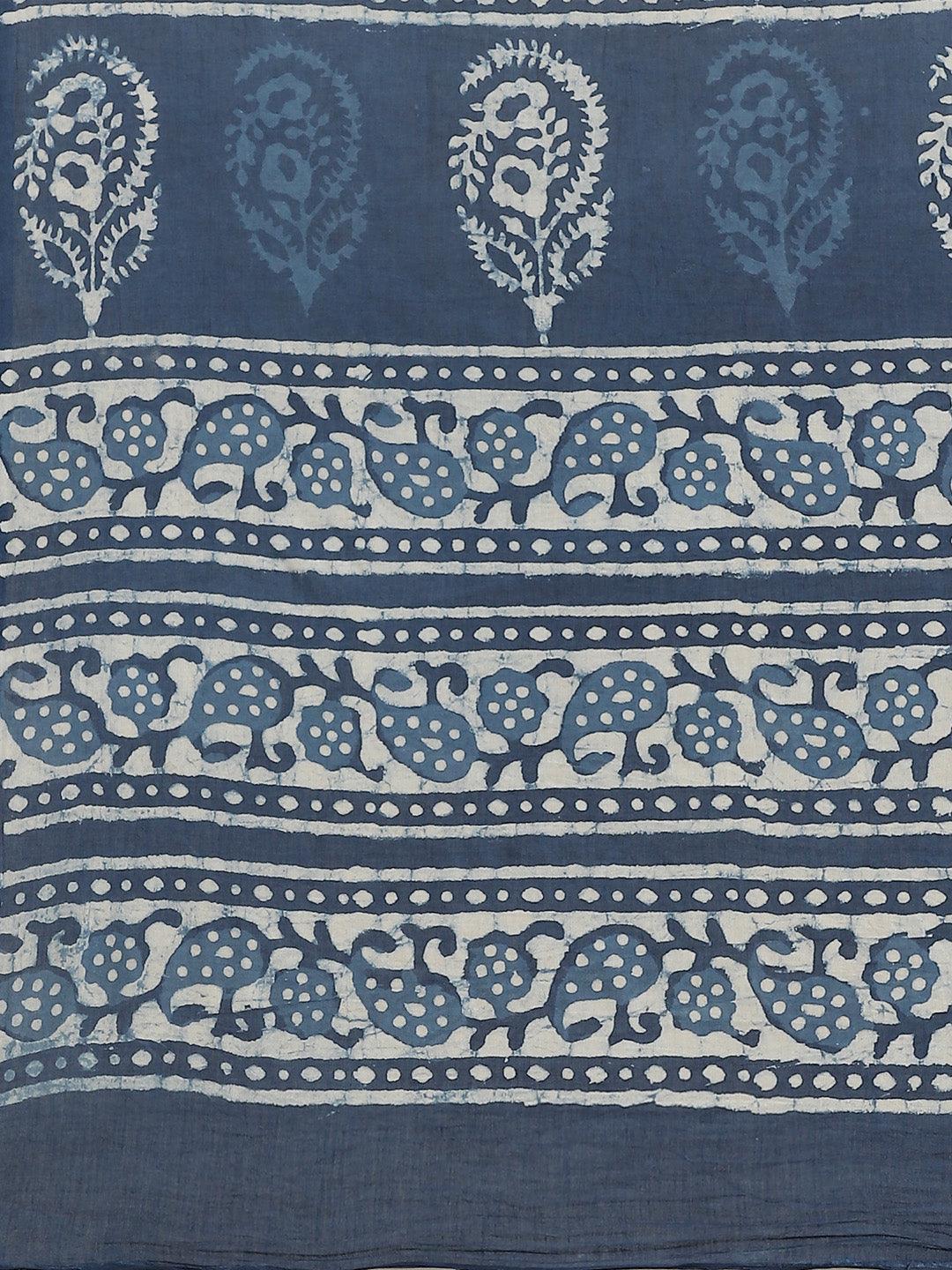 Blue Printed Cotton Saree - ShopLibas