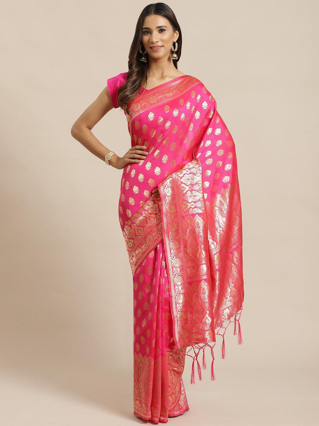 Pink Woven Design Silk Saree - ShopLibas