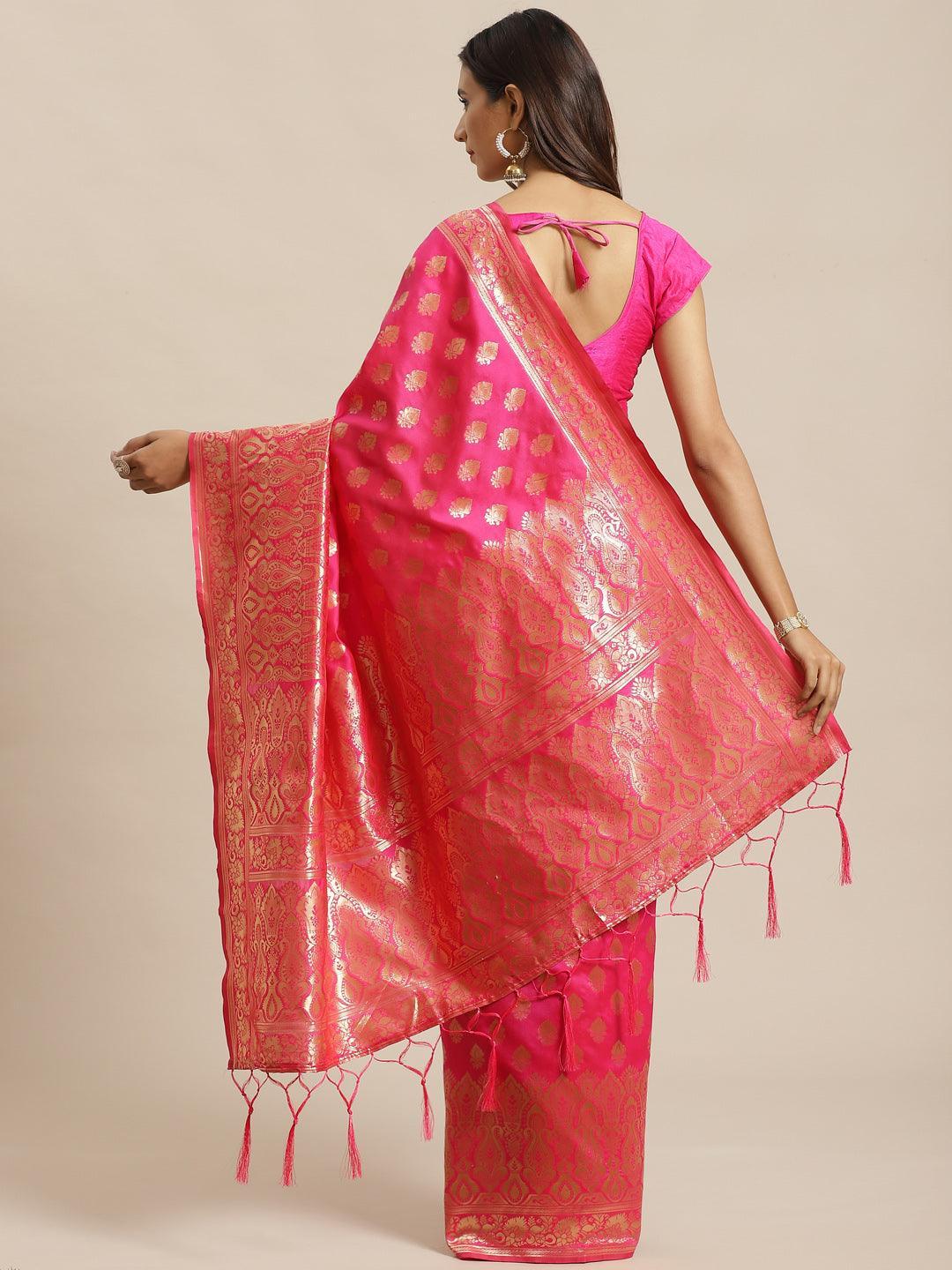 Pink Woven Design Silk Saree - ShopLibas