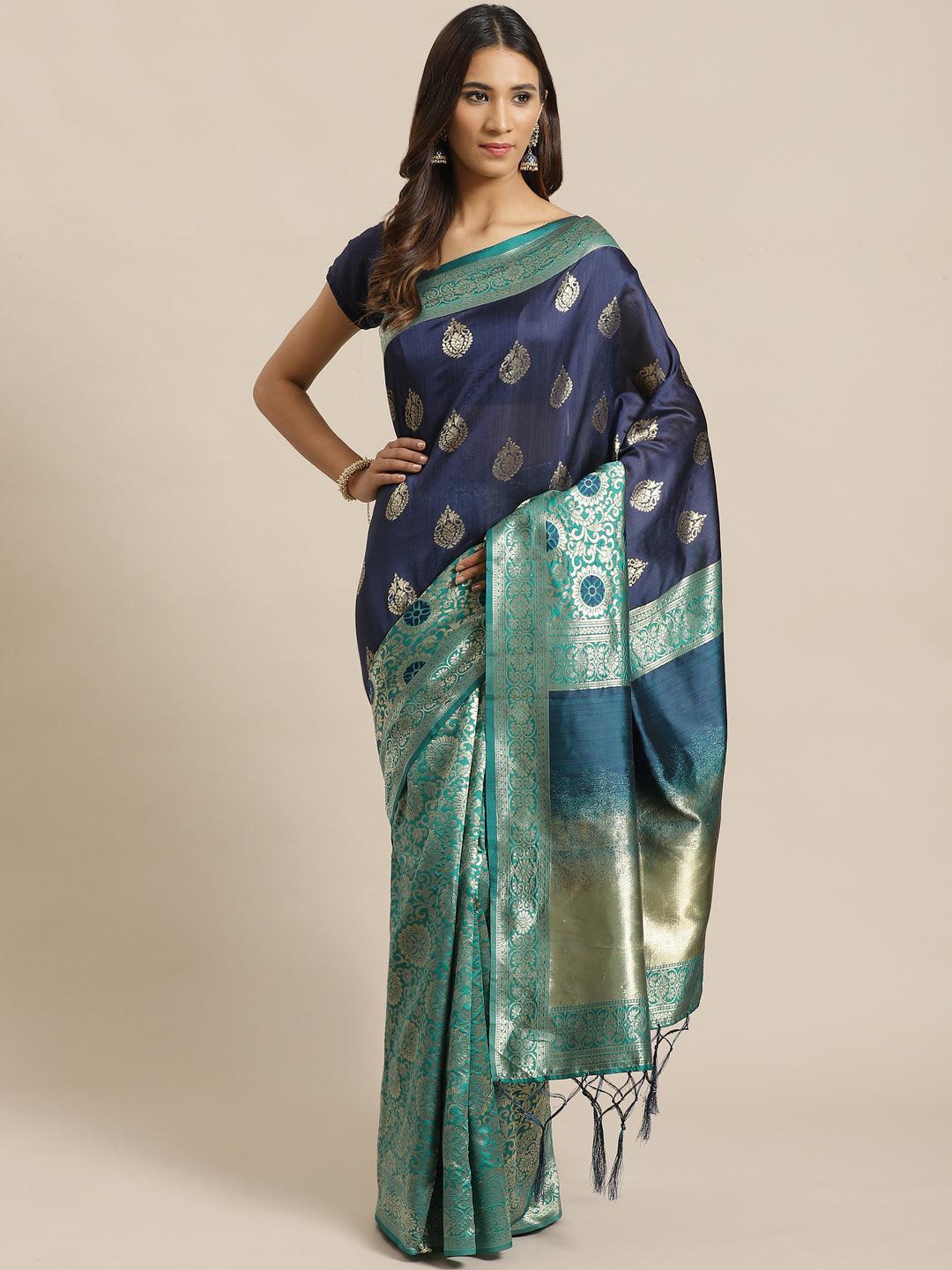 Navy Blue Woven Design Silk Saree - ShopLibas