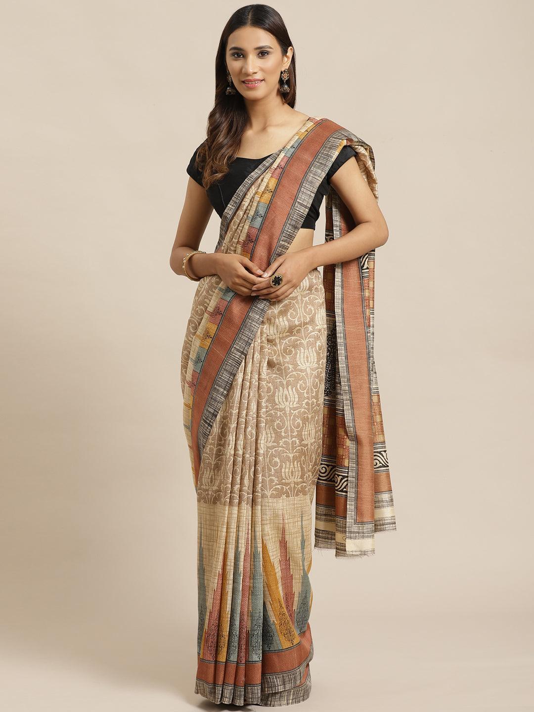 Beige Woven Design Silk Saree - ShopLibas