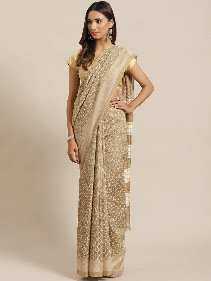 Beige Printed Silk Saree - ShopLibas