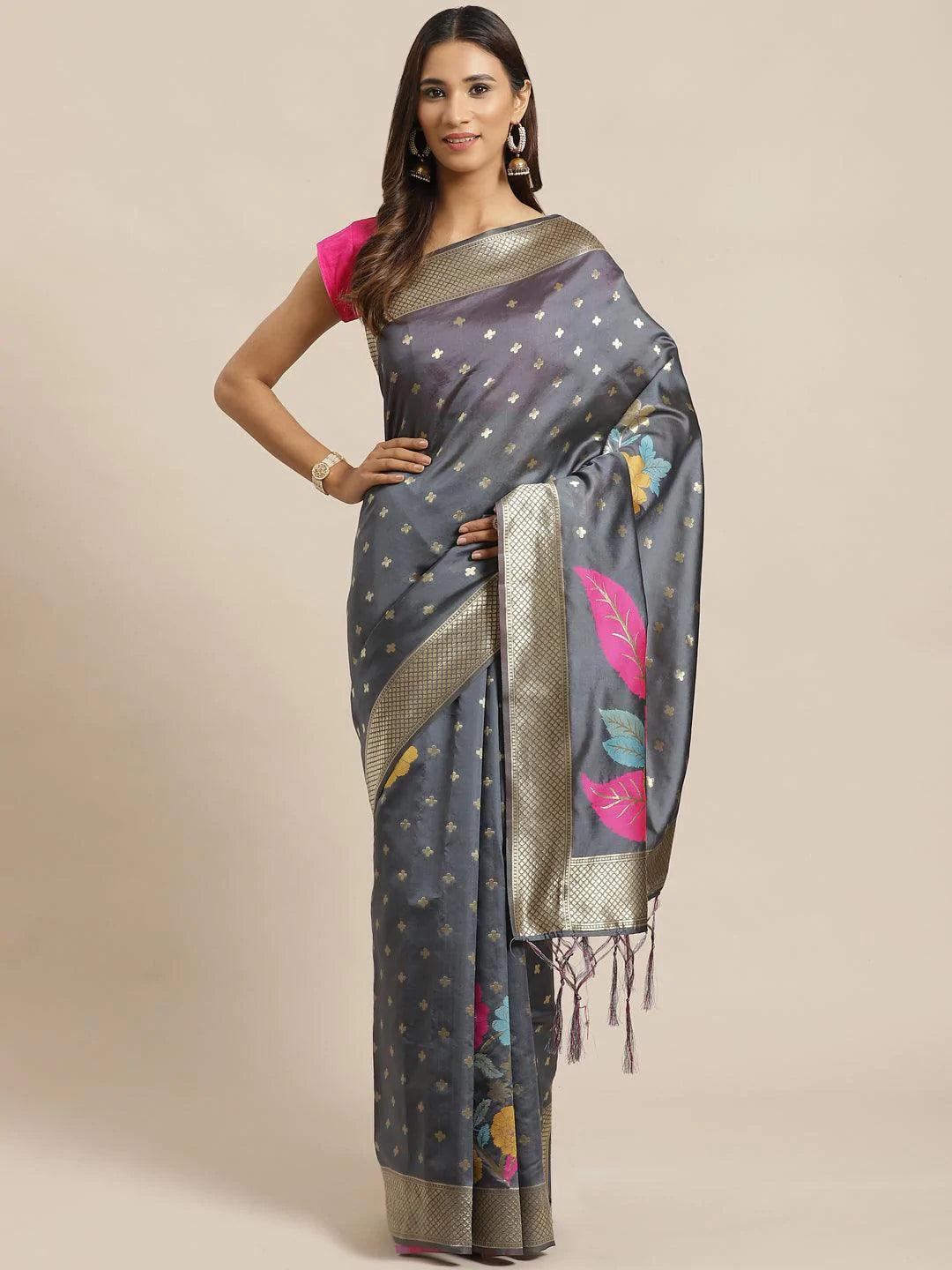 Grey Woven Design Silk Saree - ShopLibas