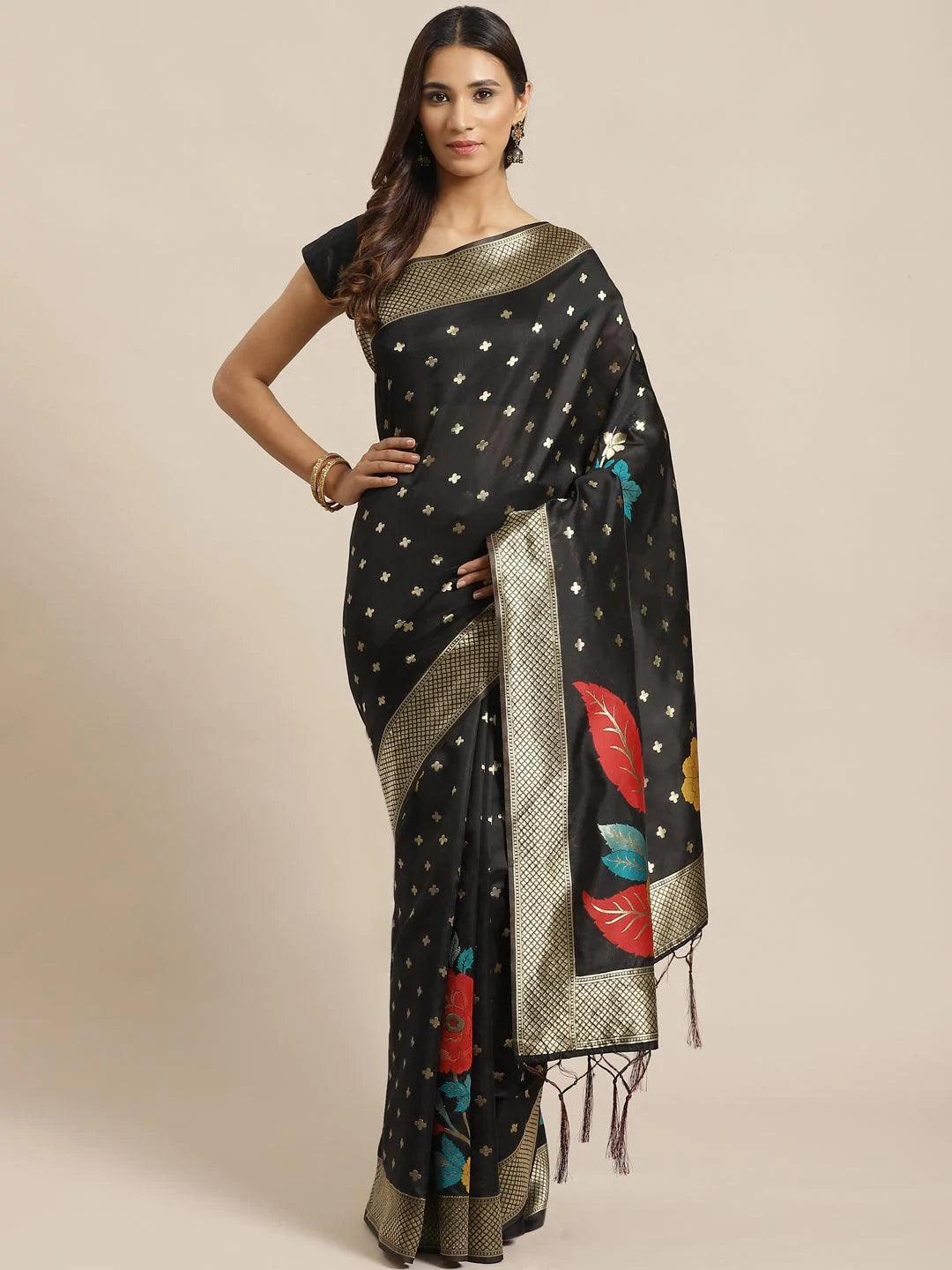 Black Woven Design Silk Saree - ShopLibas