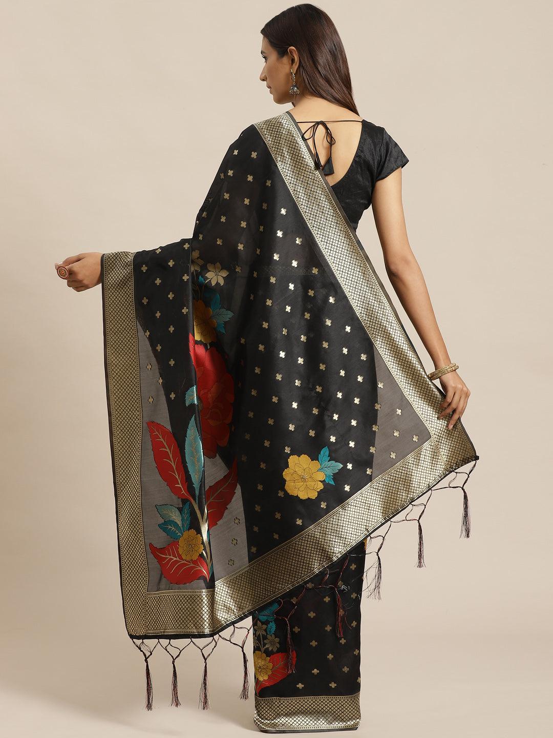 Black Woven Design Silk Saree - ShopLibas