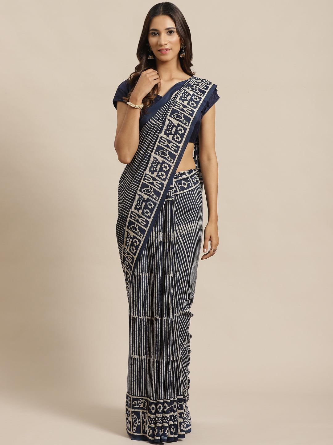 Blue Printed Silk Saree - ShopLibas