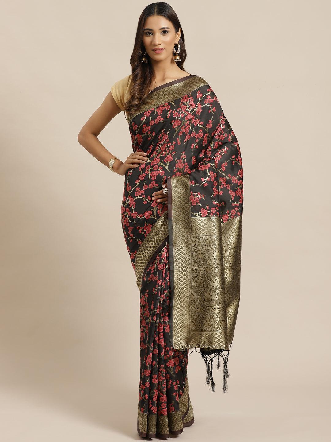 Black Woven Design Silk Saree - ShopLibas