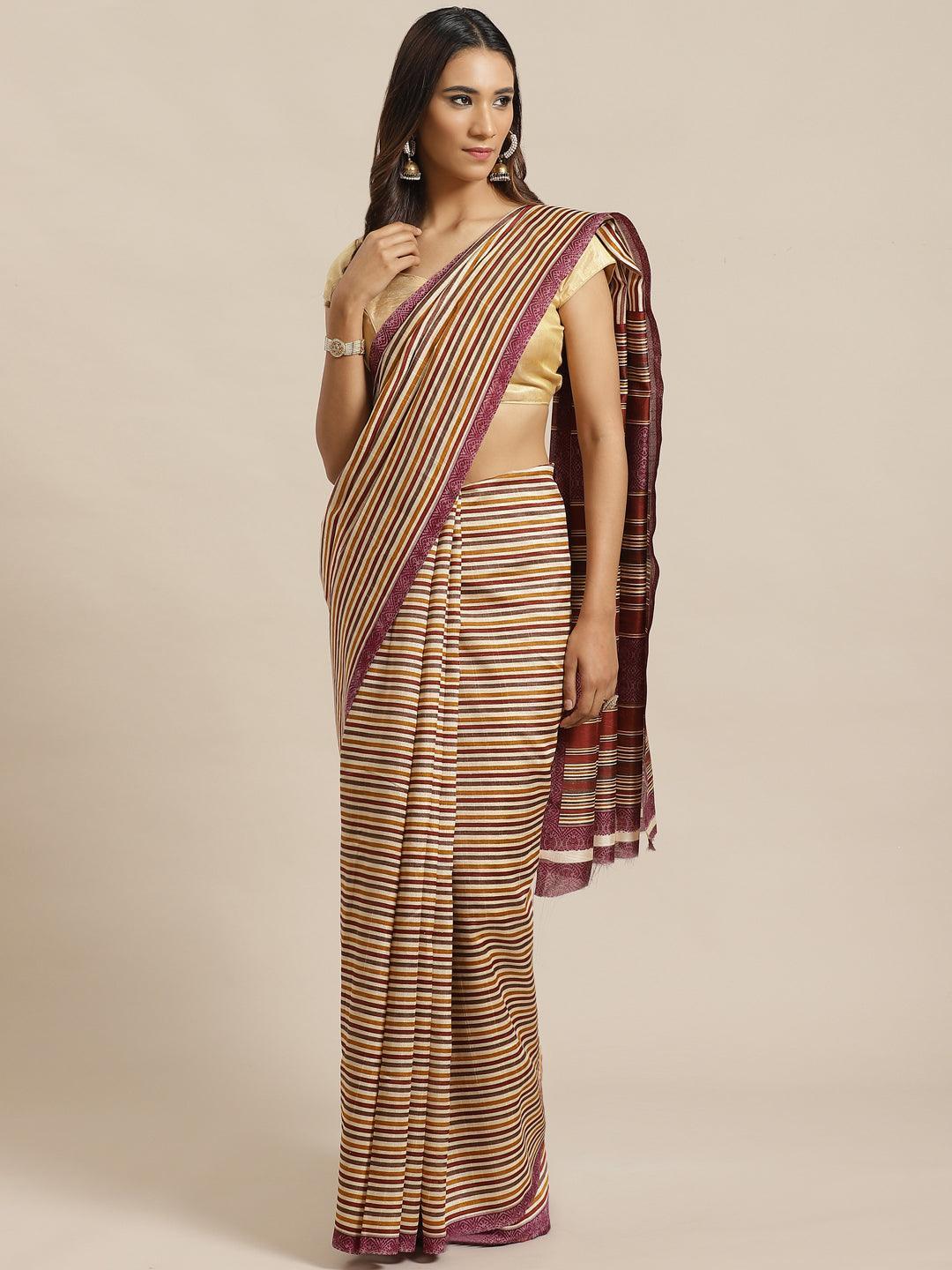 Beige Striped Silk Blend Saree - ShopLibas