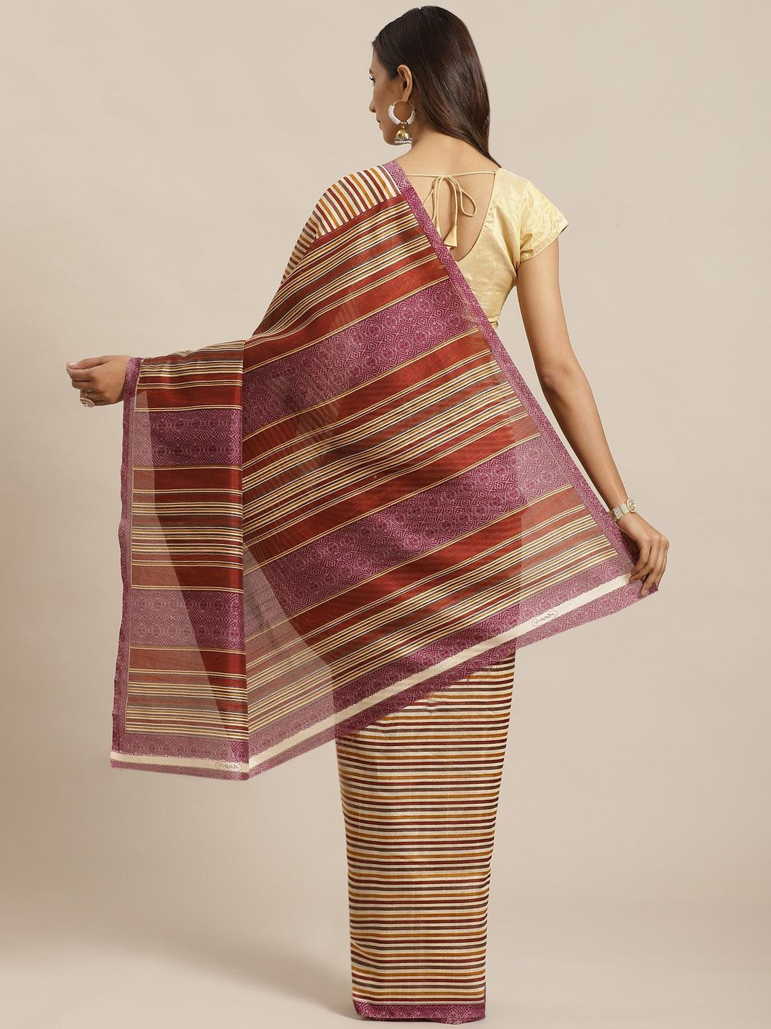 Beige Striped Silk Blend Saree - ShopLibas