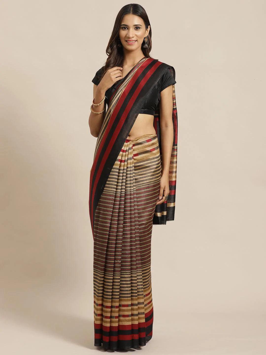 Beige Striped Silk Blend Saree - ShopLibas