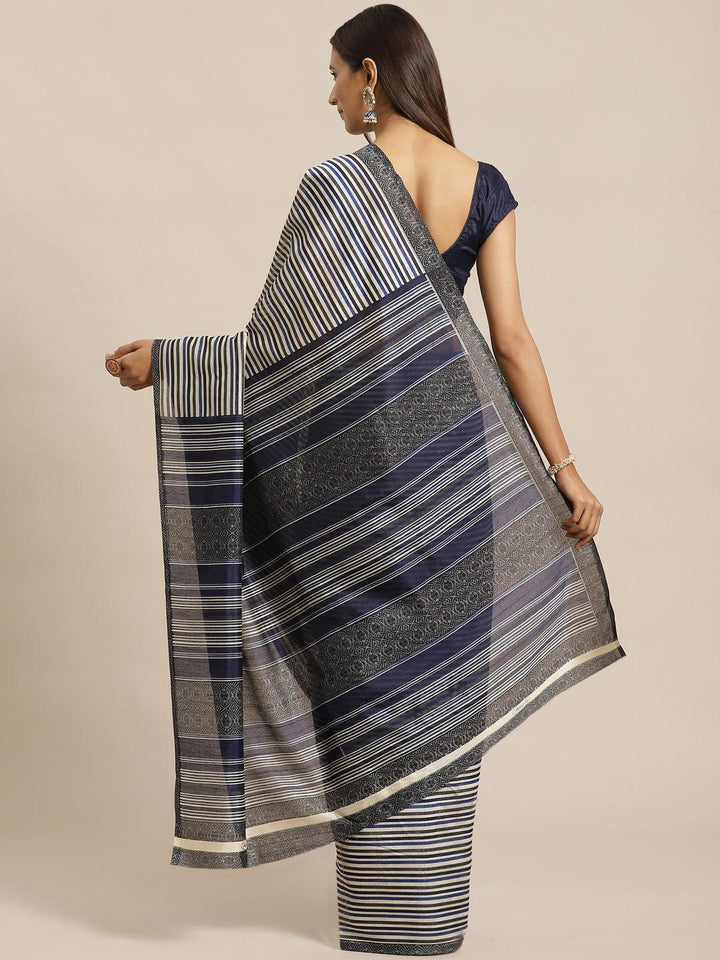 Navy Blue Striped Silk Blend Saree - ShopLibas