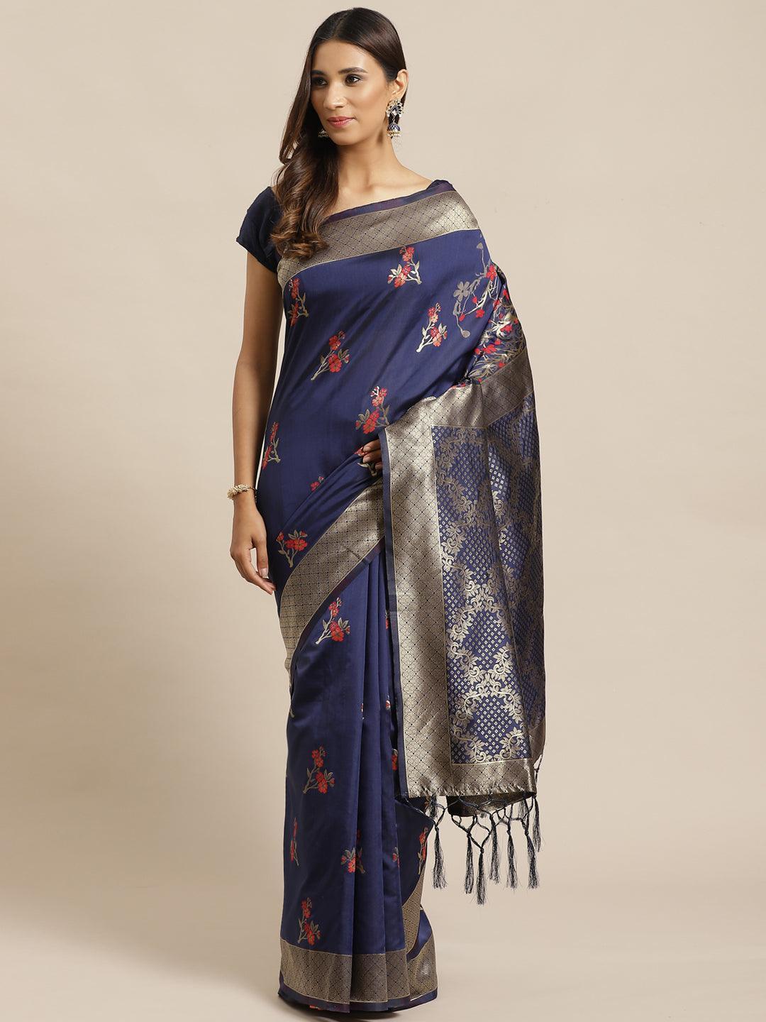 Navy Blue Woven Design Silk Saree - ShopLibas