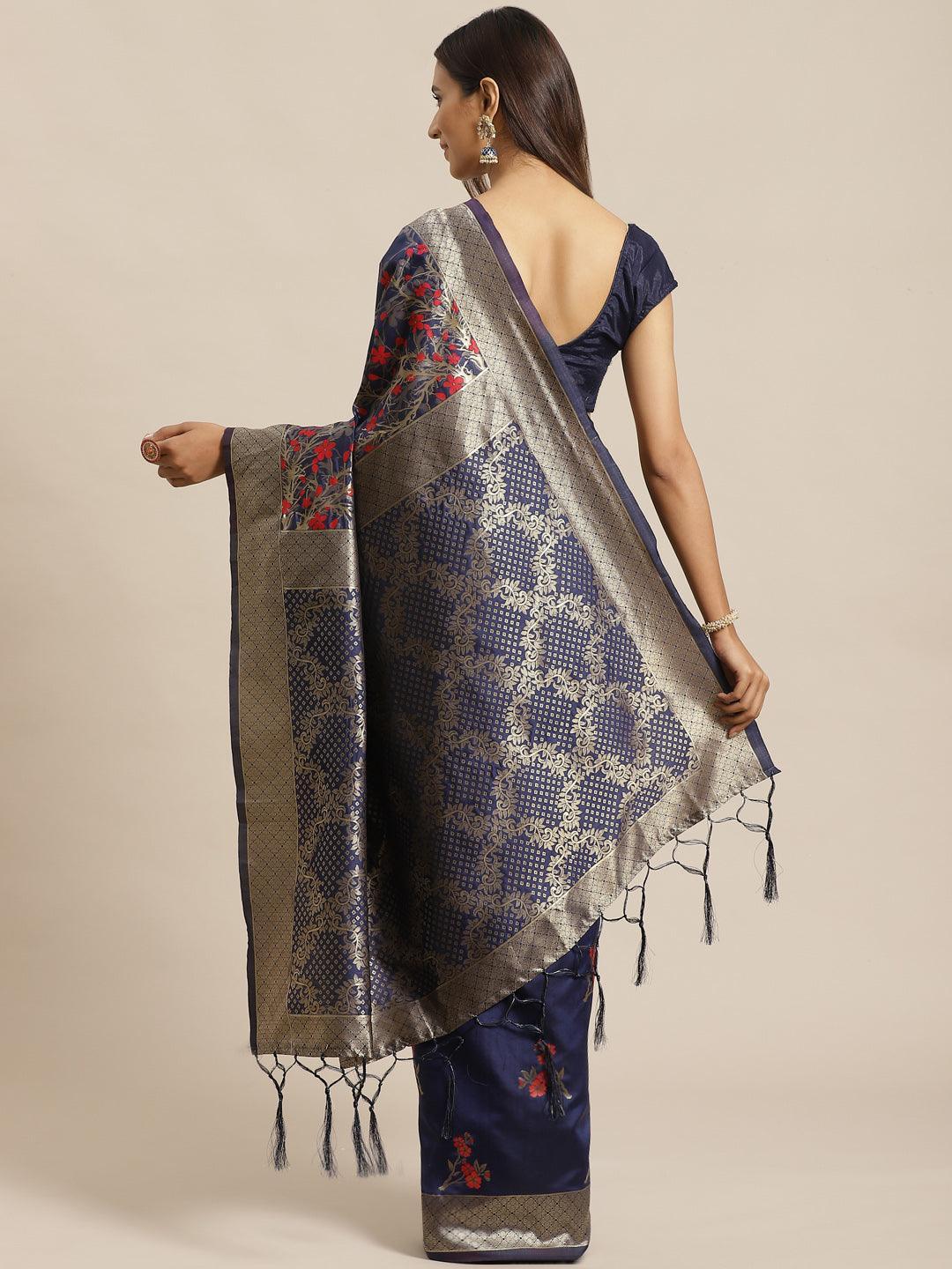 Navy Blue Woven Design Silk Saree - ShopLibas