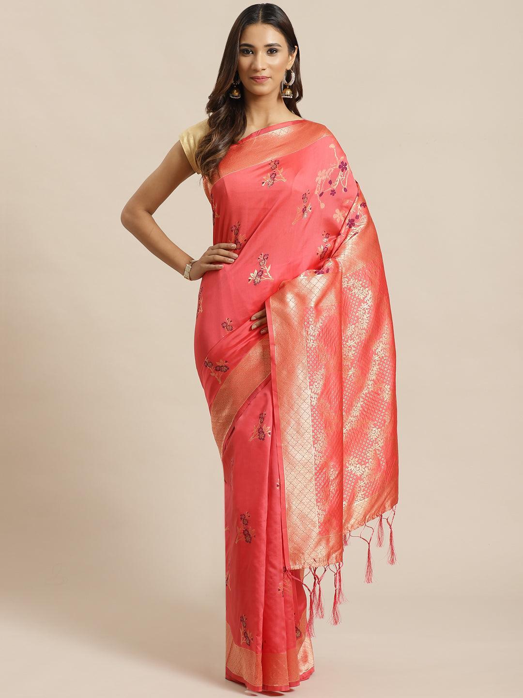 Pink Woven Design Silk Saree - ShopLibas