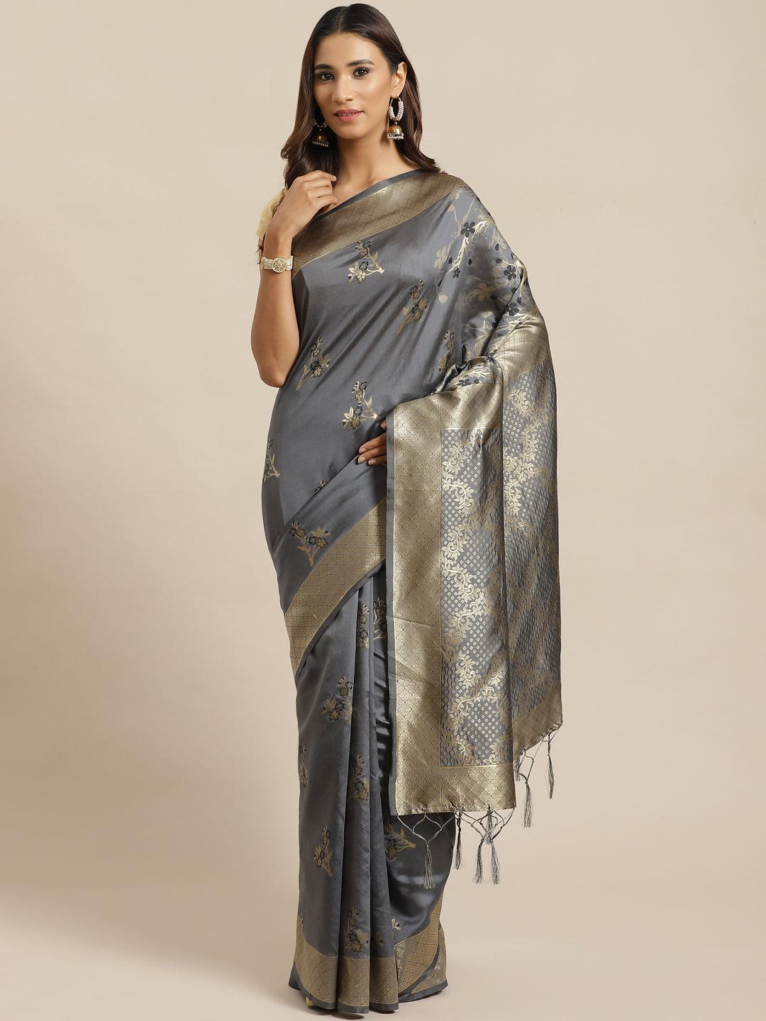 Grey Woven Design Silk Saree - ShopLibas