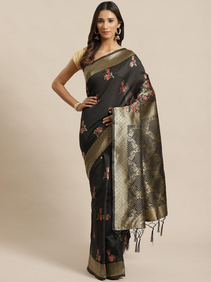 Black Woven Design Silk Saree - ShopLibas