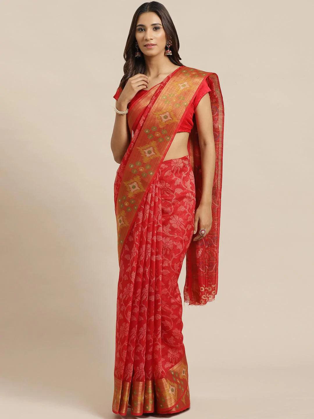 Red Woven Design Cotton Saree - ShopLibas