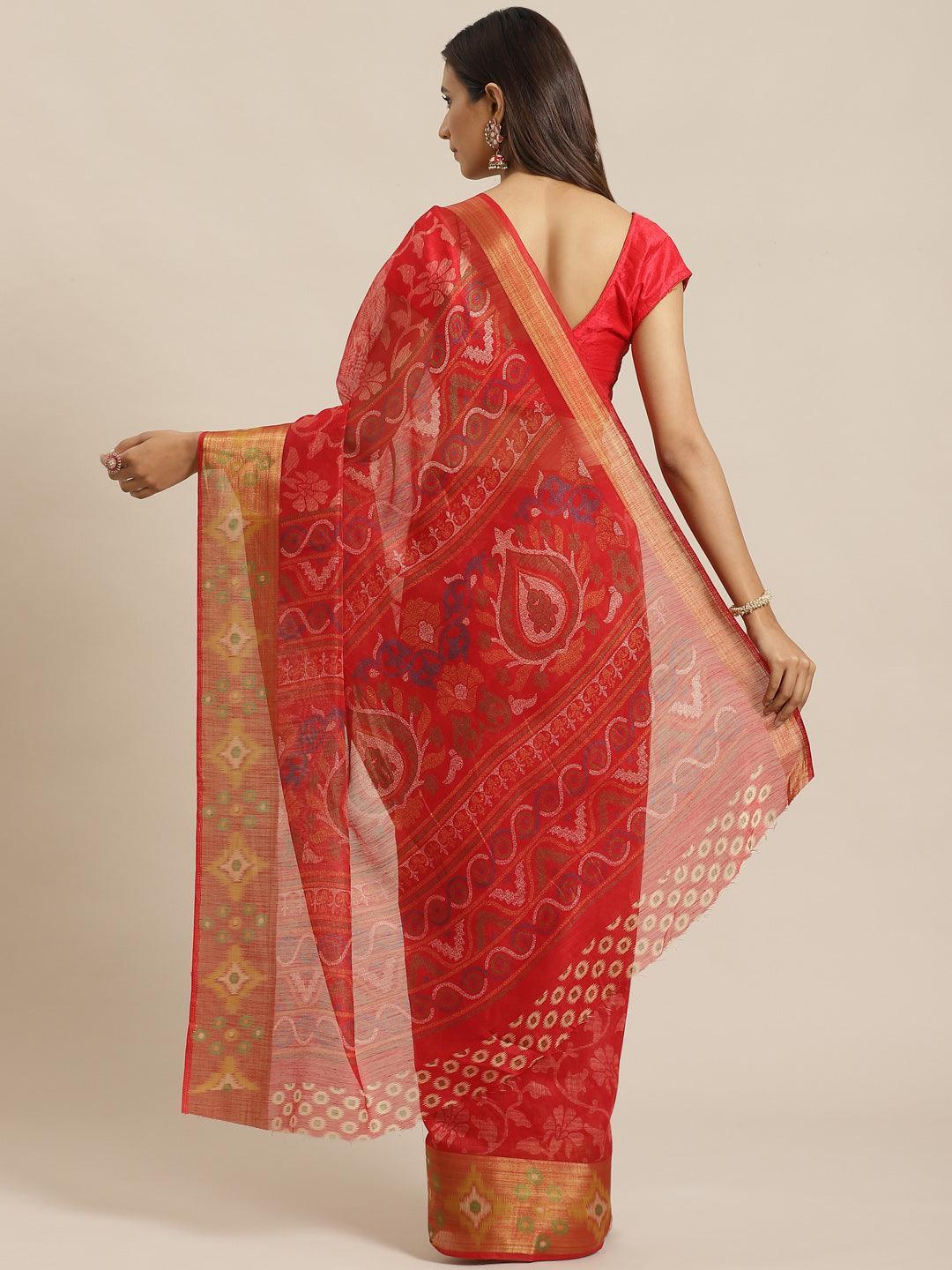 Red Woven Design Cotton Saree - ShopLibas