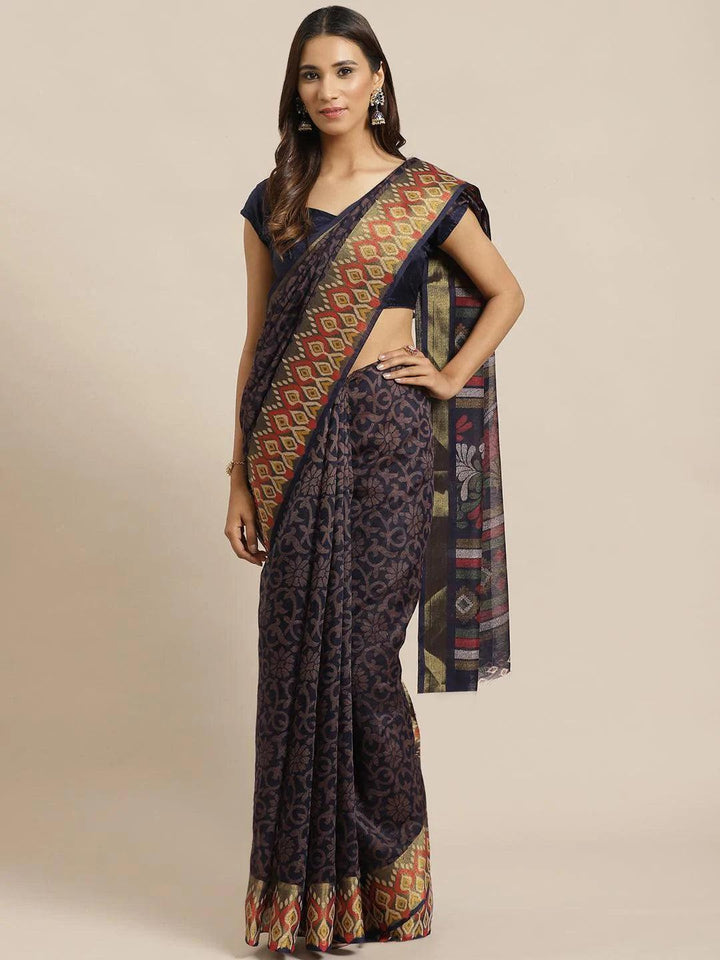 Navy Blue Woven Design Cotton Saree - ShopLibas