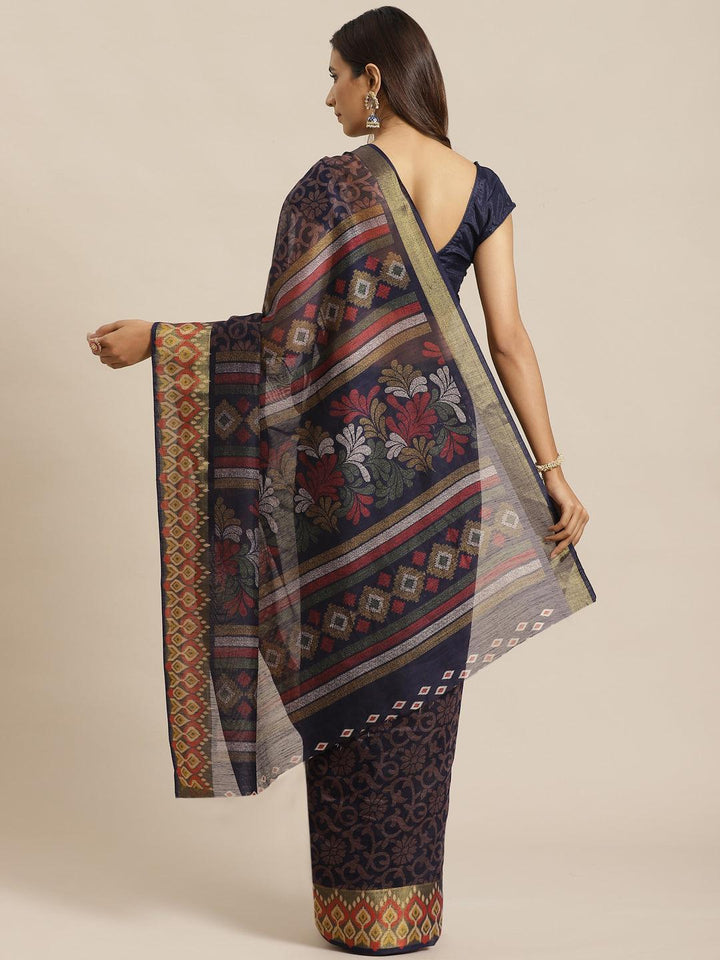 Navy Blue Woven Design Cotton Saree - ShopLibas