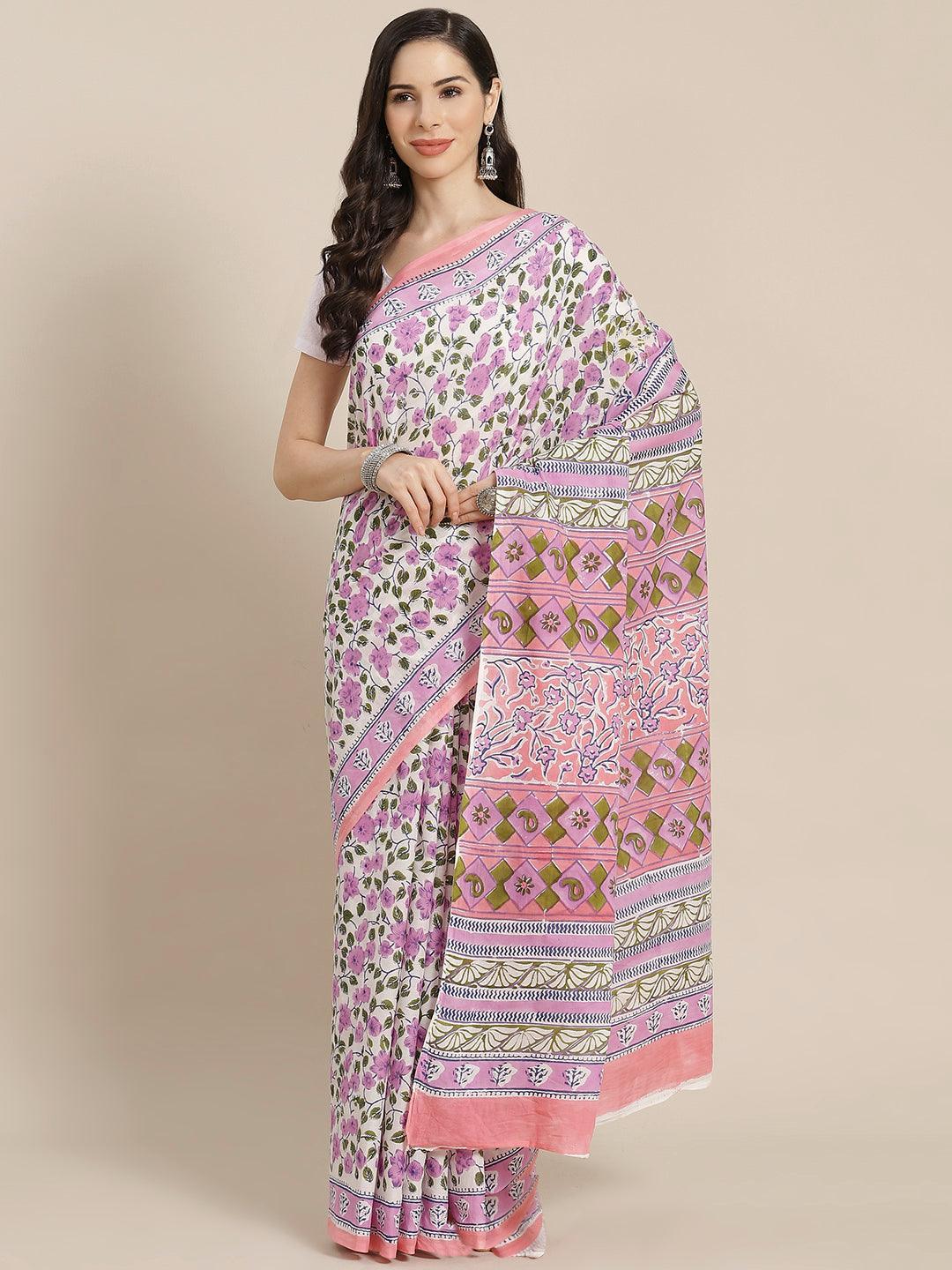 White Printed Cotton Saree