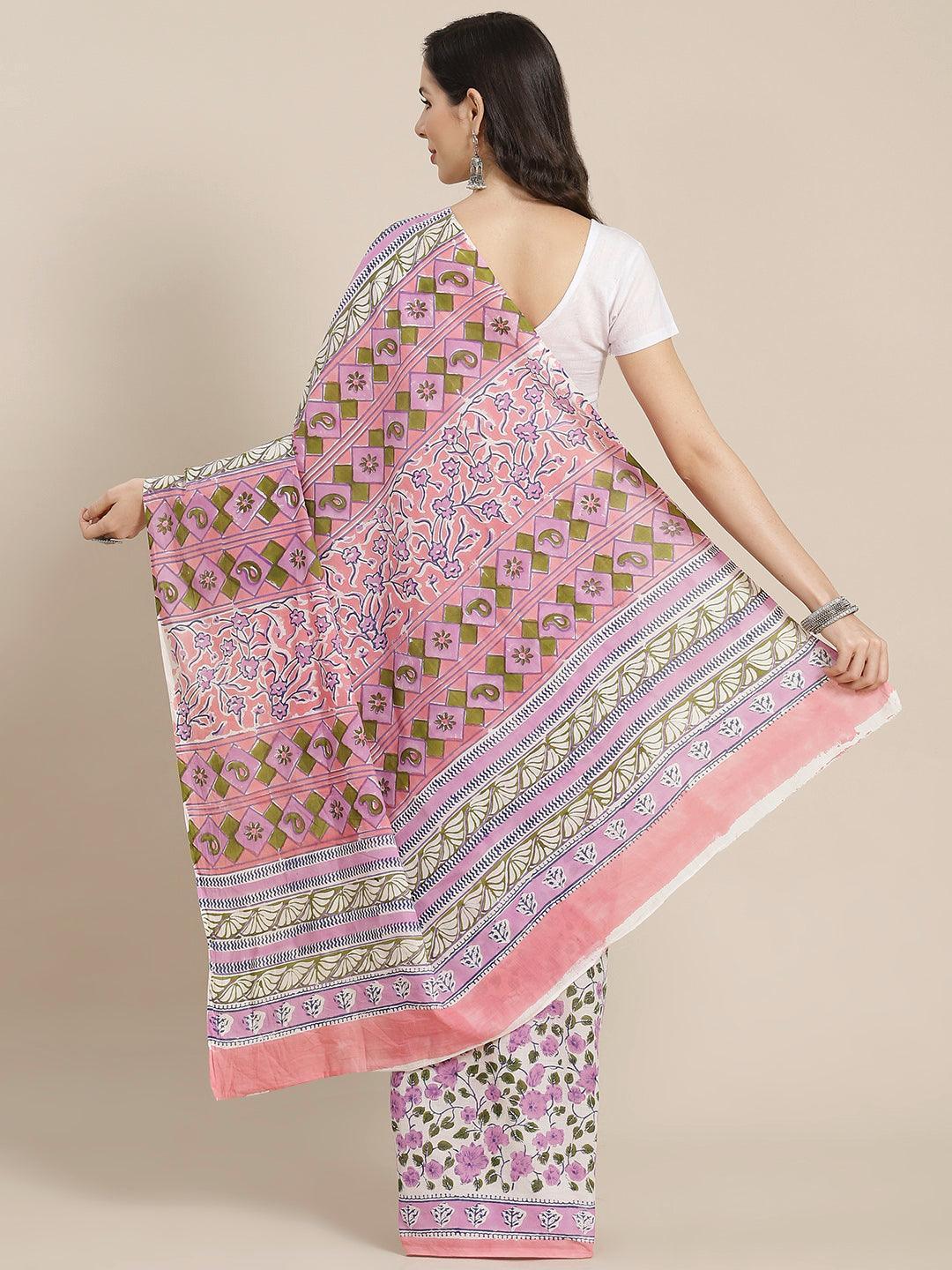 White Printed Cotton Saree - ShopLibas