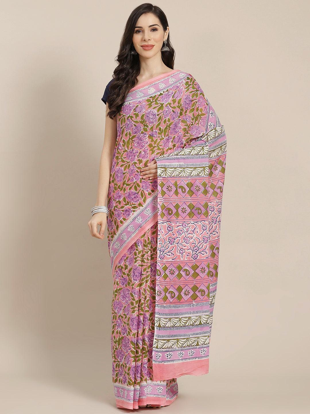 Pink Printed Cotton Saree