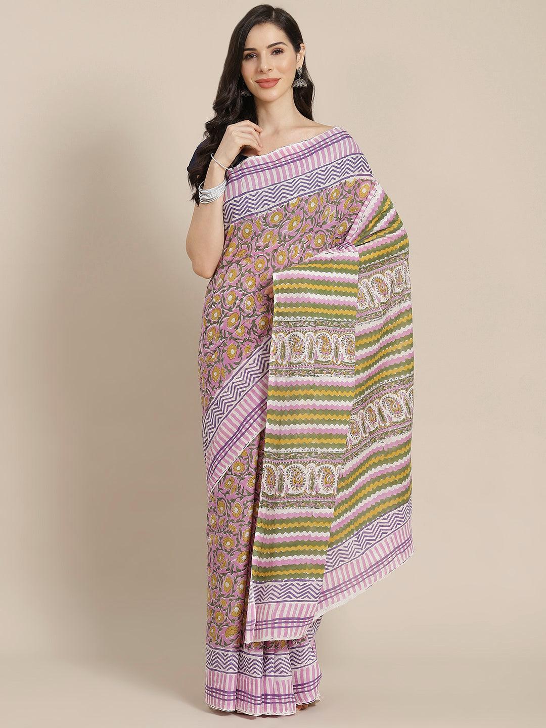 Pink Printed Cotton Saree - ShopLibas