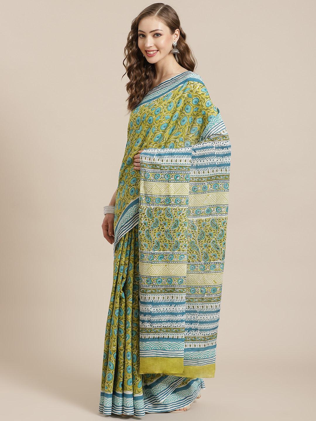 Green Printed Cotton Saree