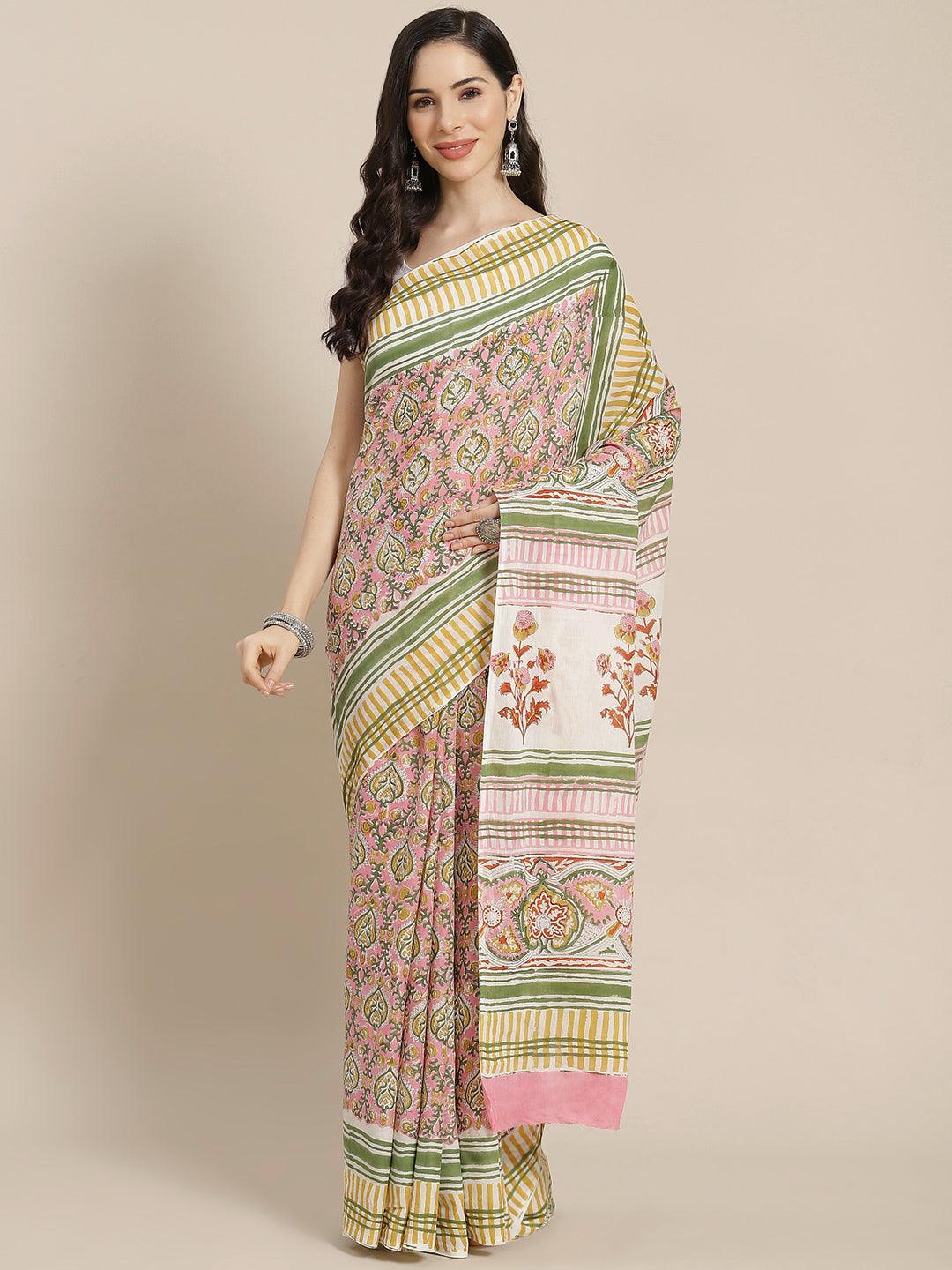 Pink Printed Cotton Saree