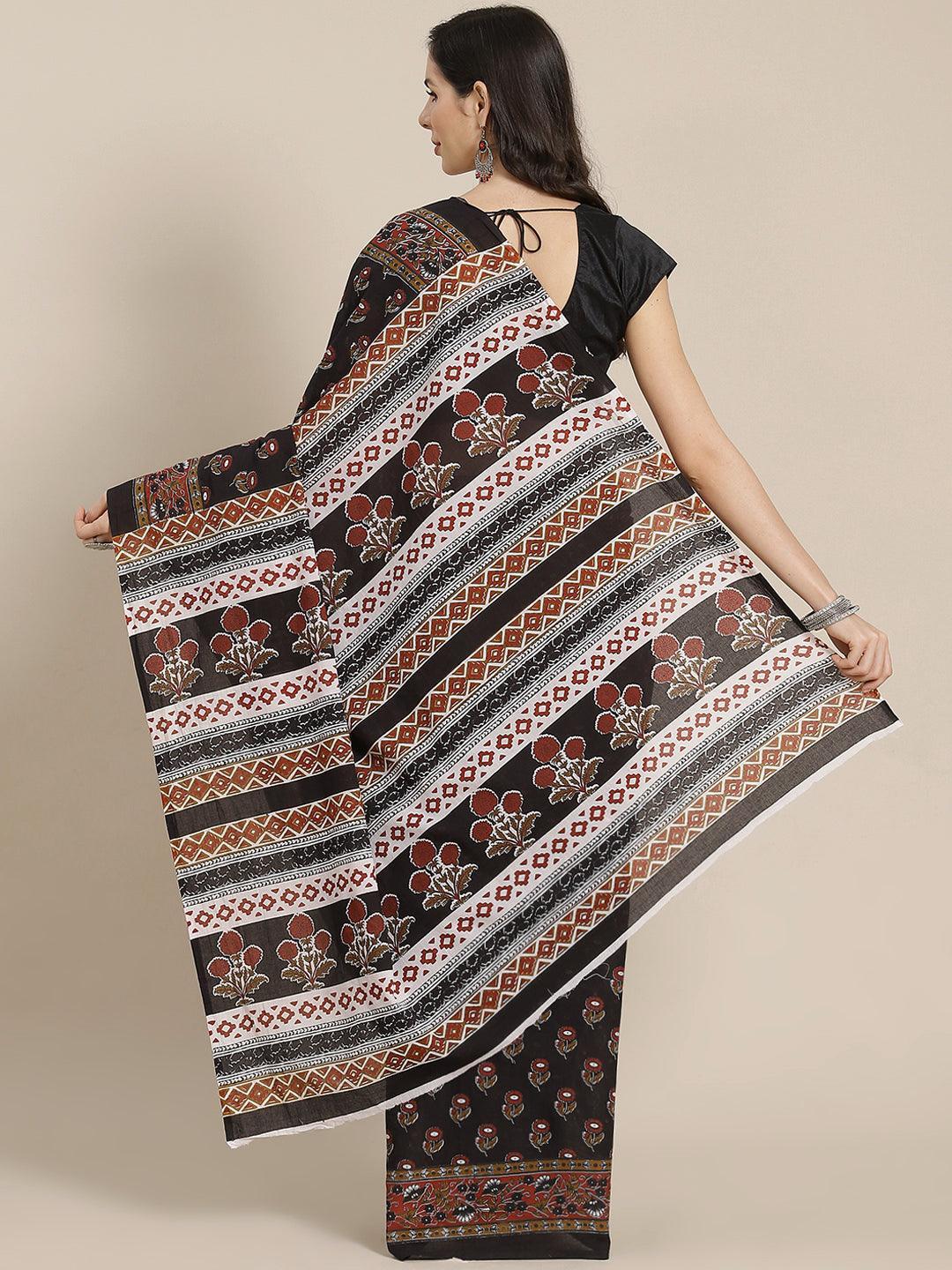 Black Printed Cotton Saree - ShopLibas