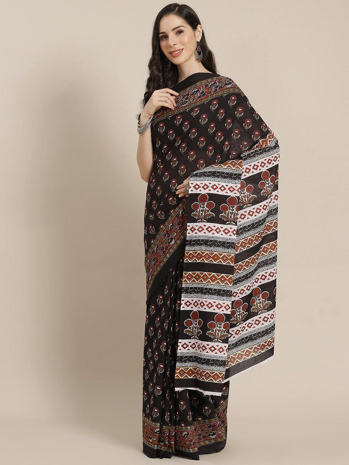 Black Printed Cotton Saree - ShopLibas