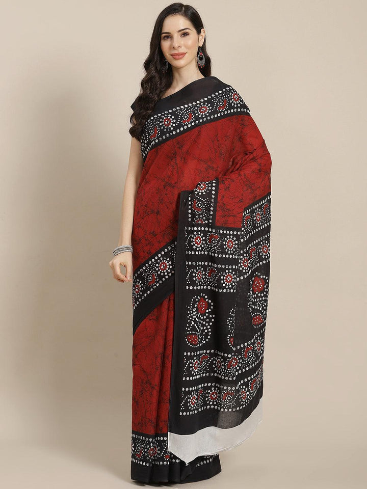 Red Printed Cotton Saree - ShopLibas