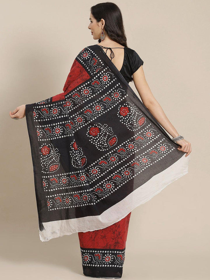 Red Printed Cotton Saree - ShopLibas