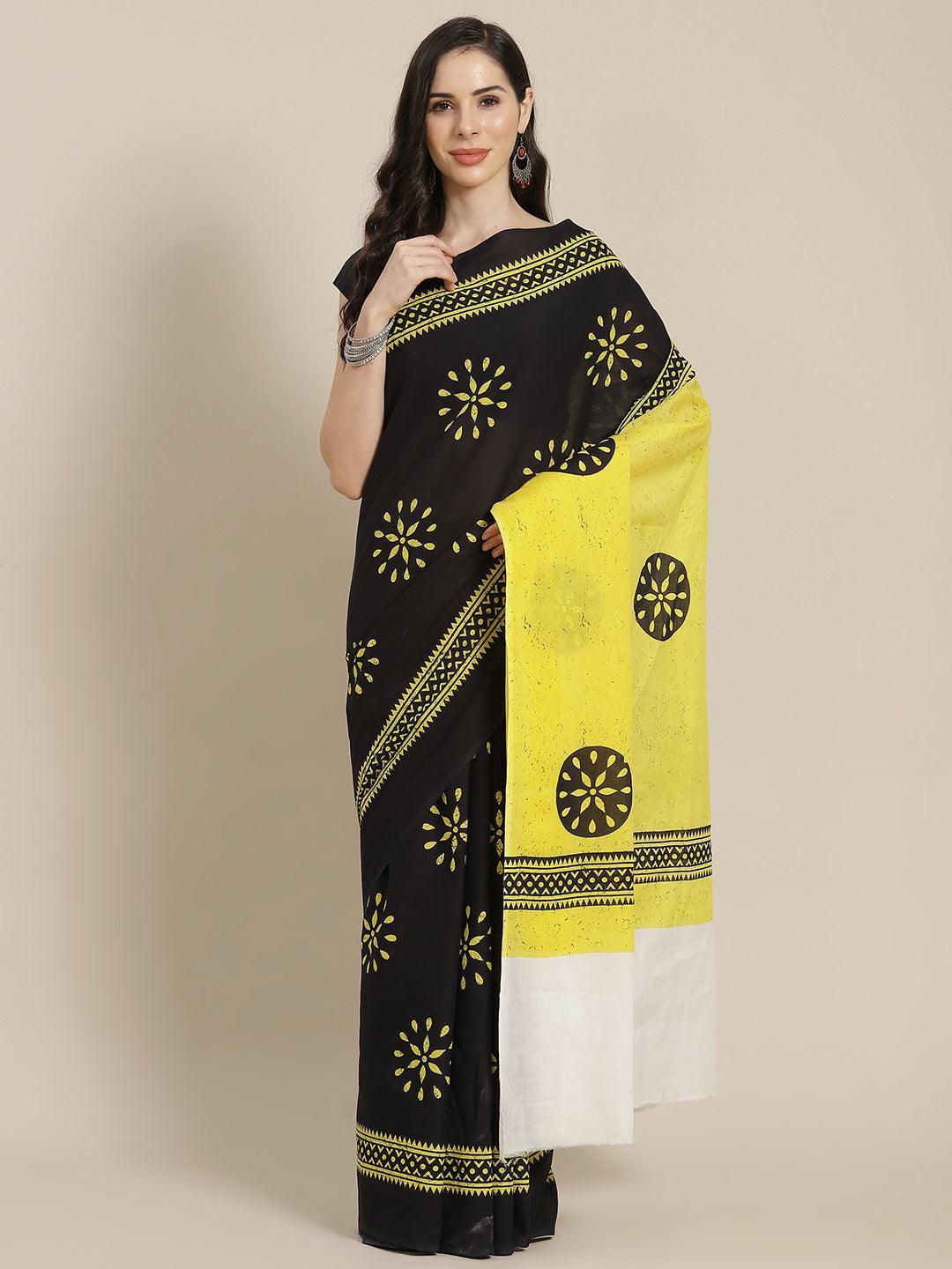 Black Printed Cotton Saree - ShopLibas