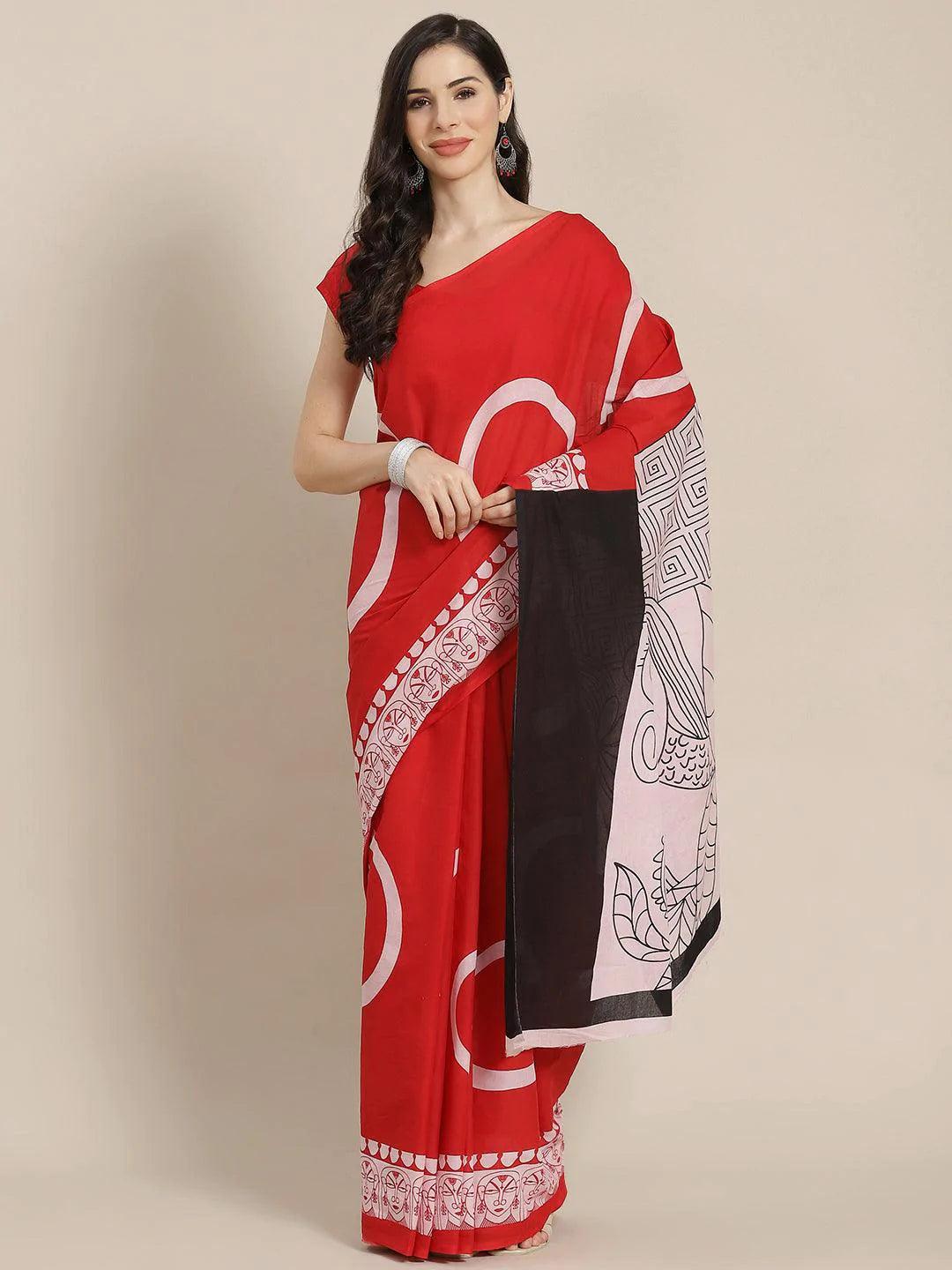 Red Printed Cotton Saree