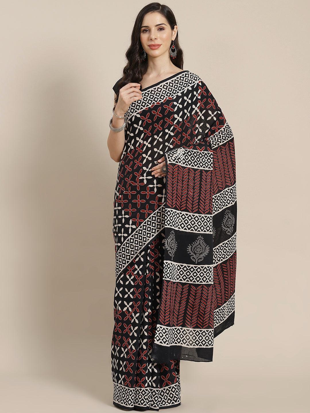 Black Printed Cotton Saree