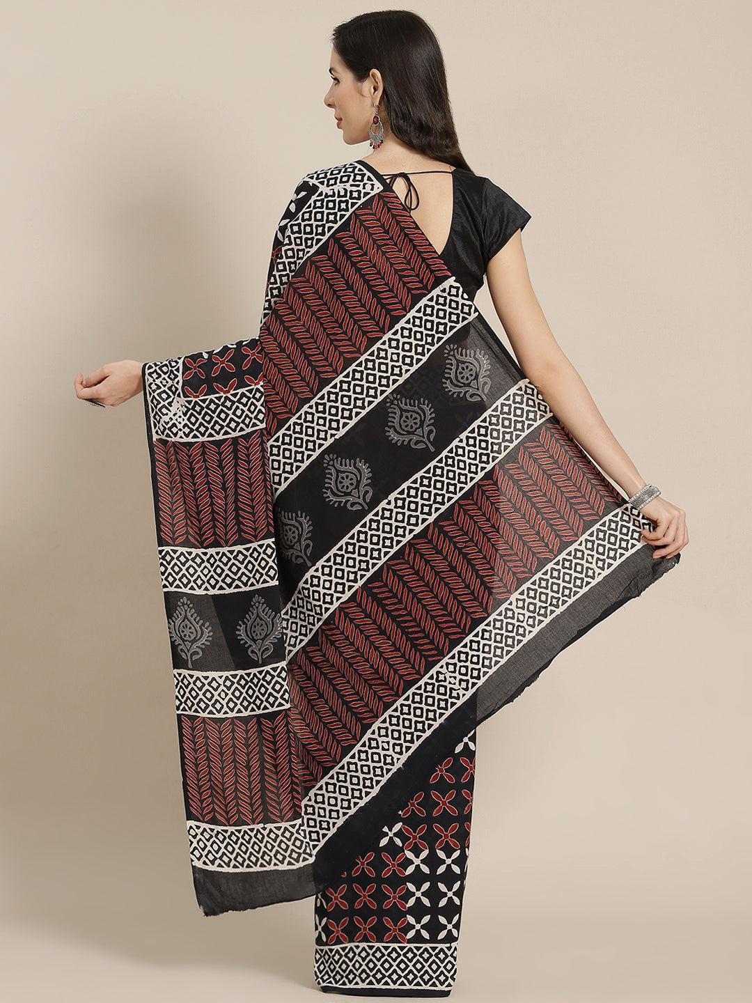 Black Printed Cotton Saree - ShopLibas