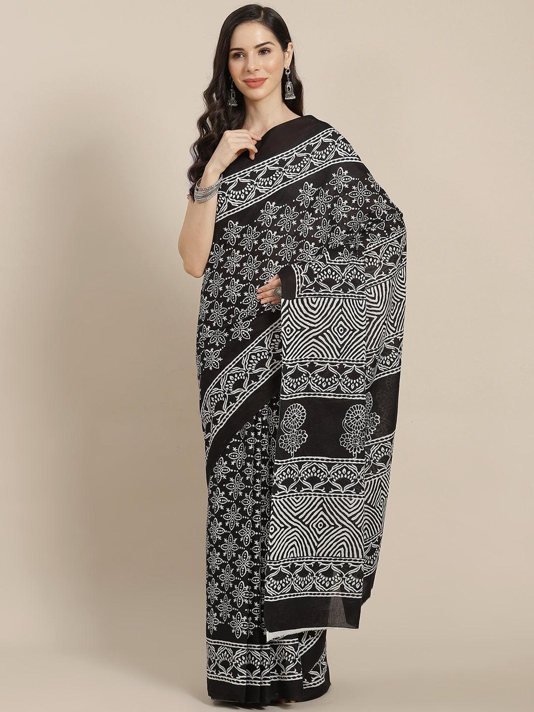 Black Printed Cotton Saree - ShopLibas