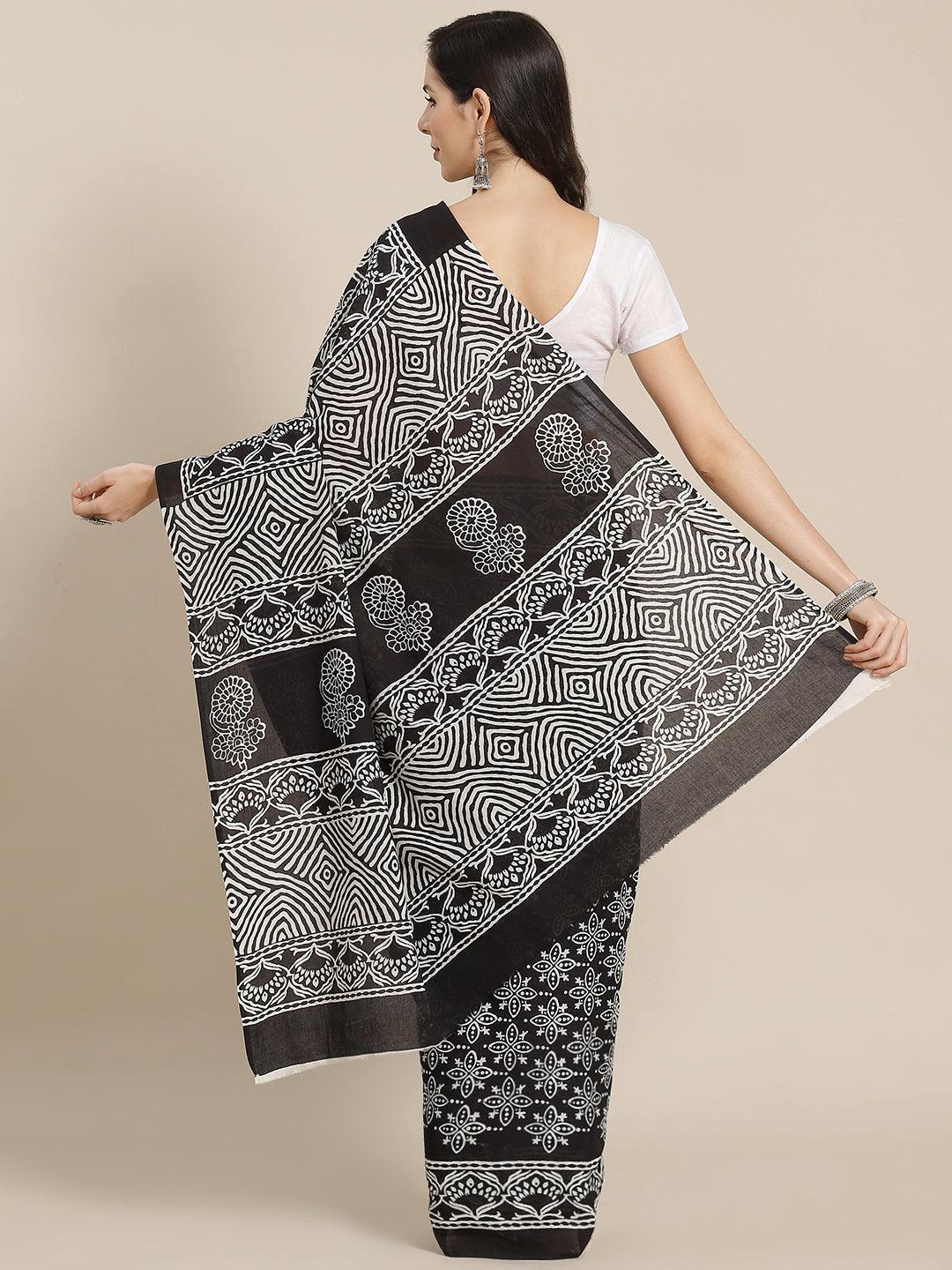 Black Printed Cotton Saree - ShopLibas