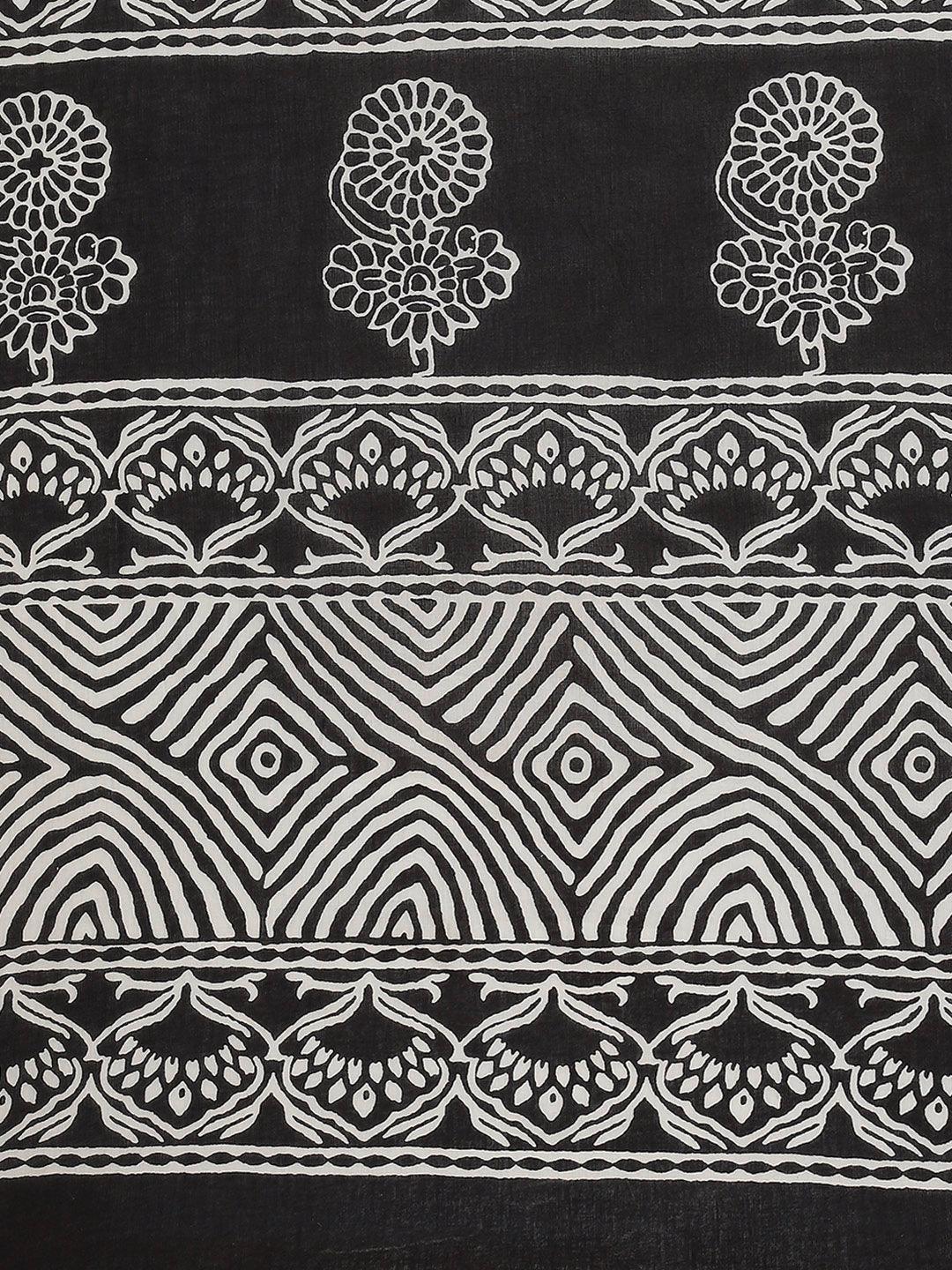 Black Printed Cotton Saree - ShopLibas