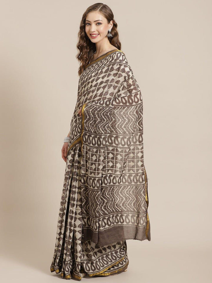 Grey Printed Cotton Saree - ShopLibas