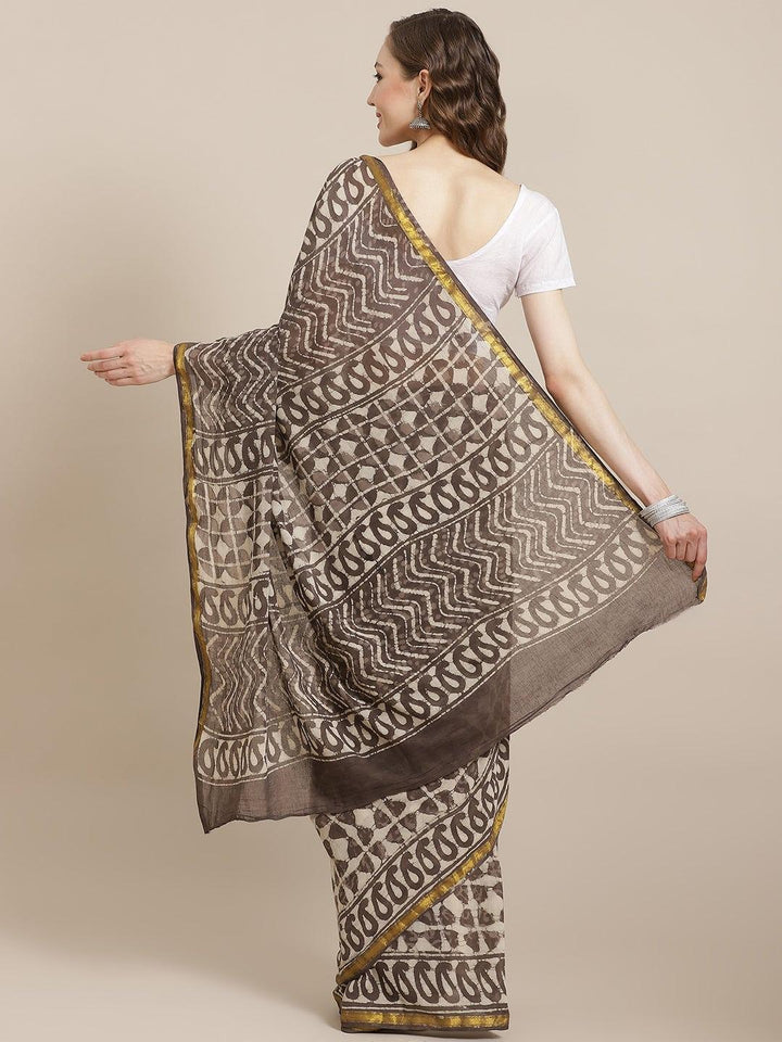 Grey Printed Cotton Saree - ShopLibas