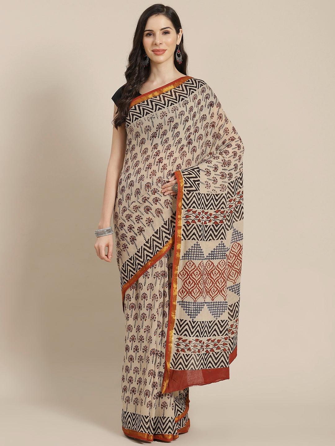 Beige Printed Cotton Saree - ShopLibas