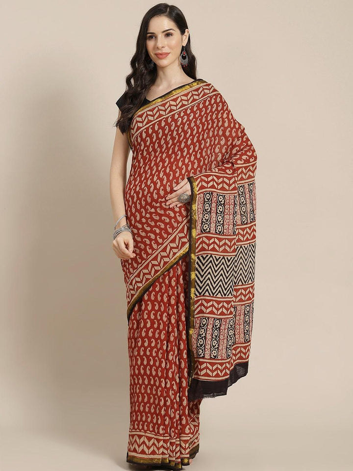 Rust Printed Cotton Saree - ShopLibas