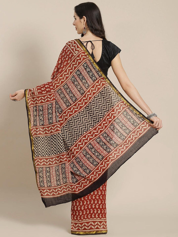 Rust Printed Cotton Saree - ShopLibas