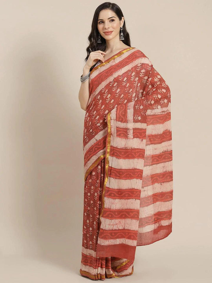 Rust Printed Cotton Saree - ShopLibas