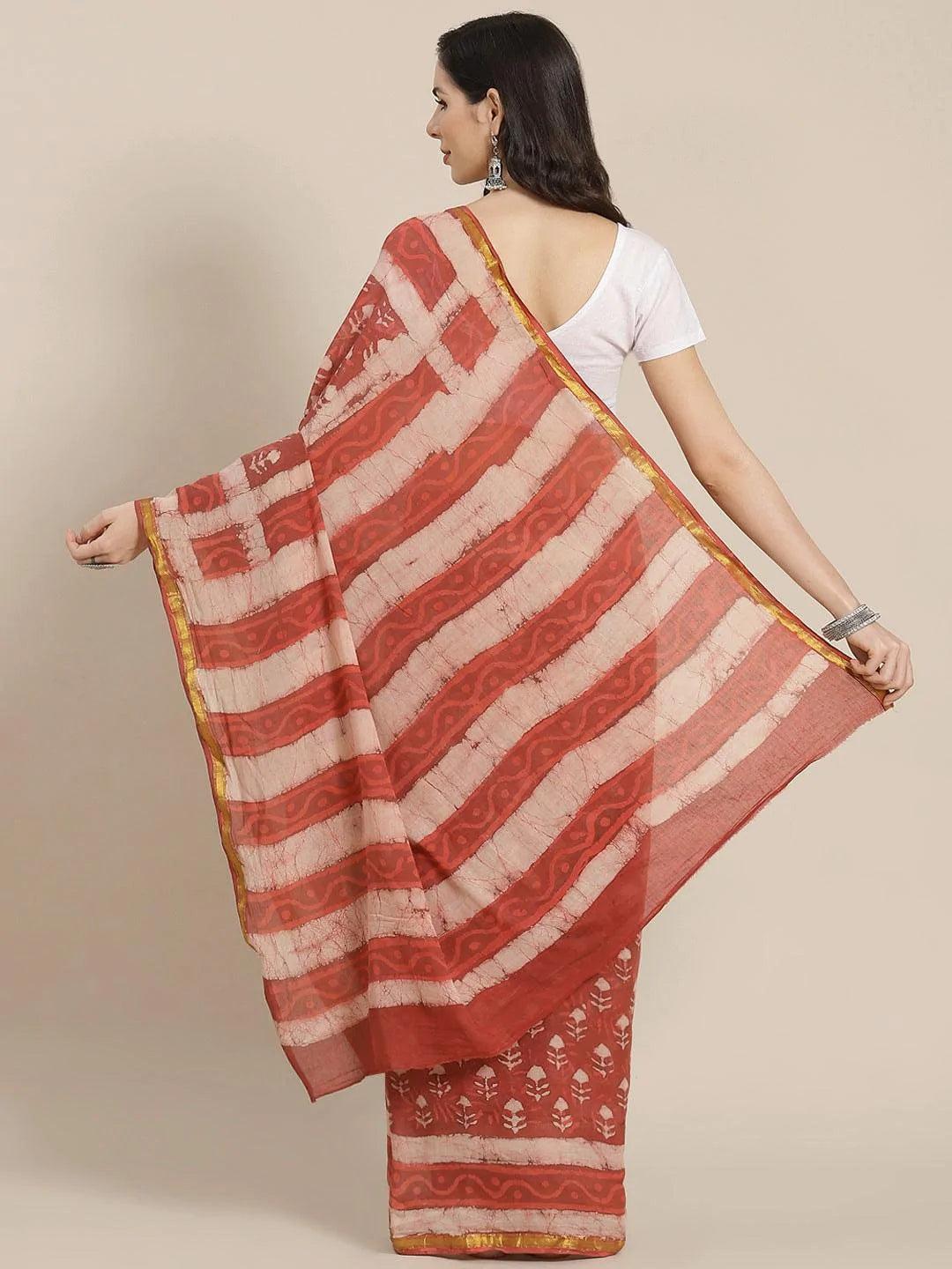 Rust Printed Cotton Saree - ShopLibas