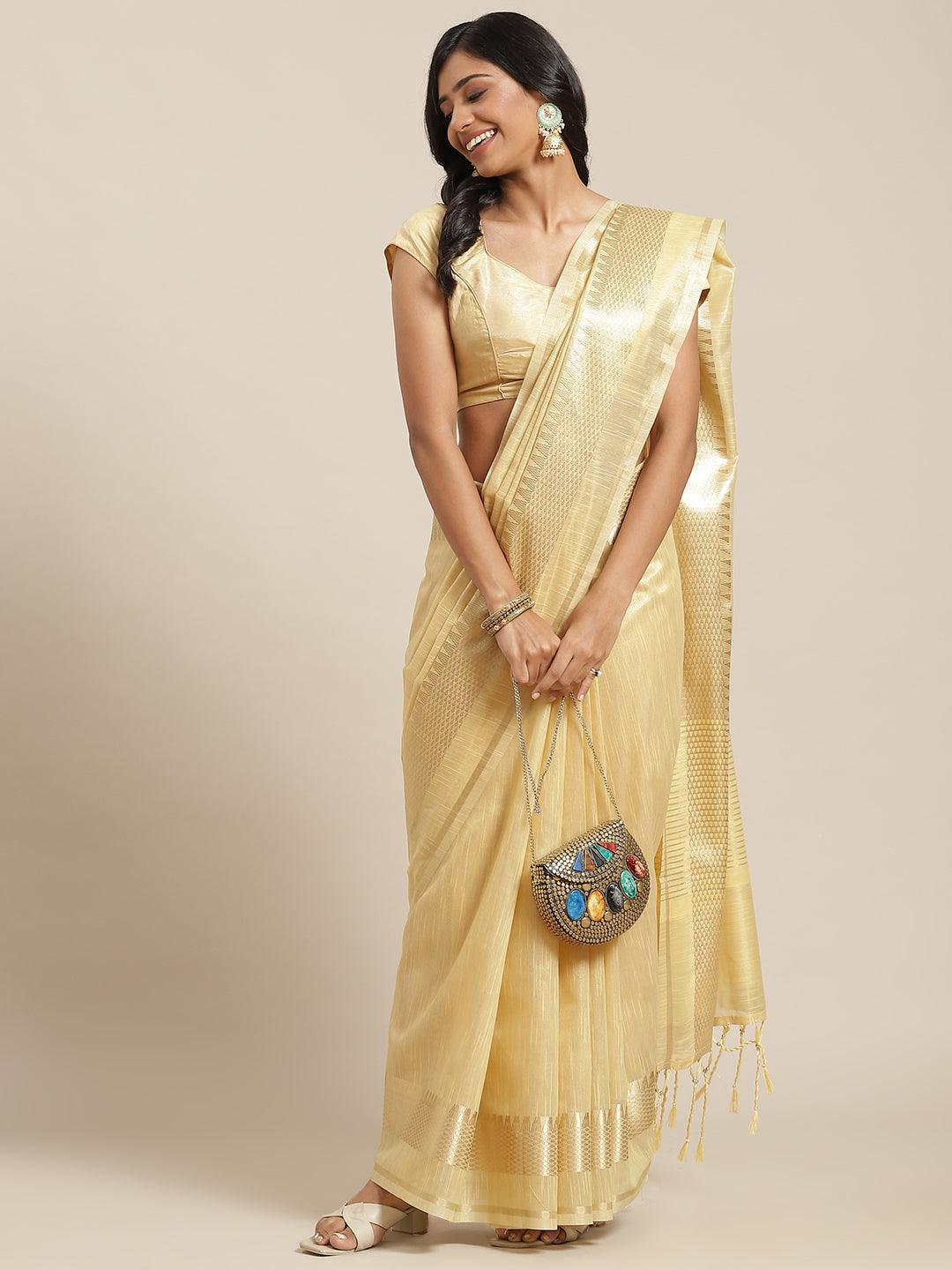 Beige Solid Silk Blend Saree - ShopLibas